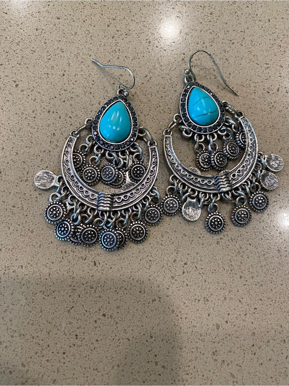 Turquoise Teardrop Boho Dangle Earrings - Turquoise Silver